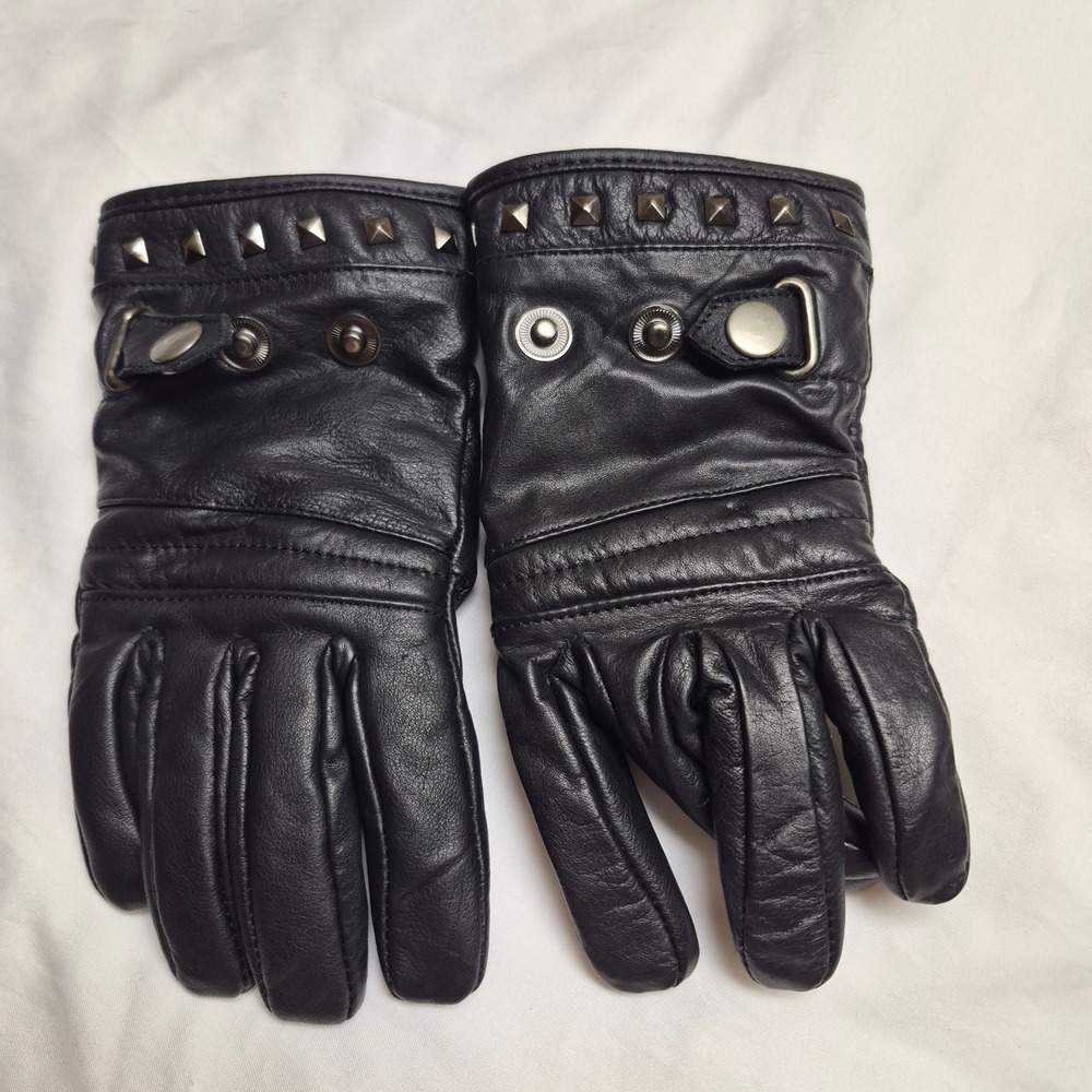 Womens Black Leather Studded Biker Gloves Punk Moto Padded Palm Fleece Lined L